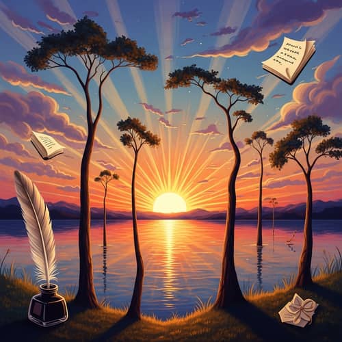 Surrealist Sunset Landscape at Peaceful Lake with Dreamlike Elements
