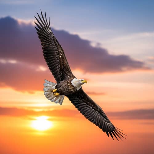 Majestic Eagle Soaring Through Vibrant Sunset Sky