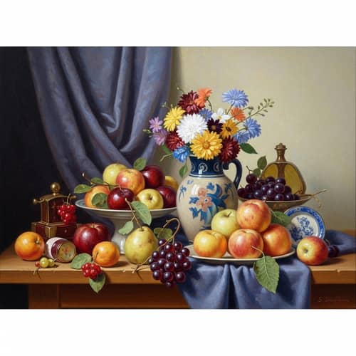 Still Life Fruit Painting with Flowers and Drapery