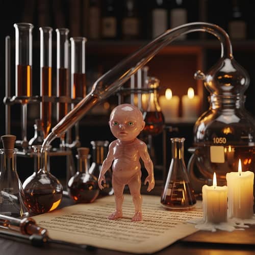 Homunculus Folklore: Small Humanoid on Ancient Manuscript