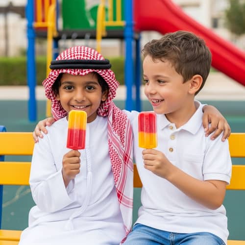 Cultural Diversity: Kids Enjoying Ice Cream in Dubai Playground