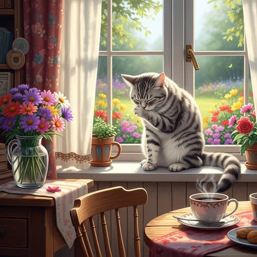 Beautiful Domestic Cat Enjoying Sunshine in Rustic Room