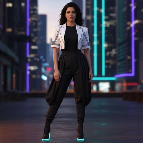 Futuristic Middle-Eastern Woman in Stylish Black Bodysuit and White Bolero Jacket