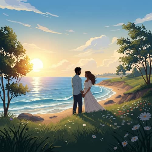Sunlit Landscape by the Tranquil Sea: Love Silhouettes at Sunset