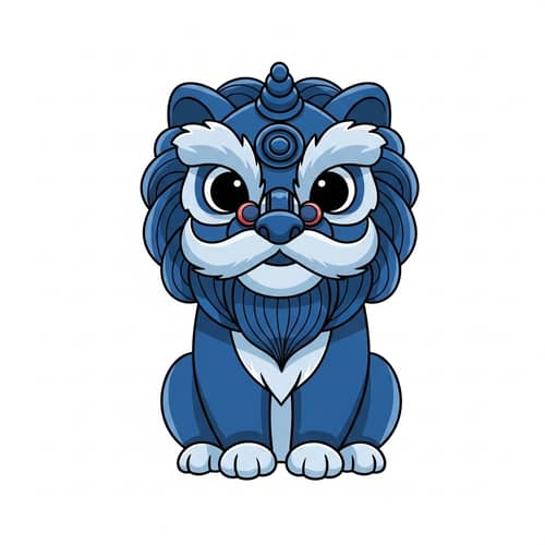 Cute Blue Chinese Lion Vector Illustration | Doodle Art Style