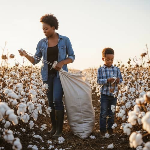 Young Black Mother Picking Cotton with Son in Cotton Field