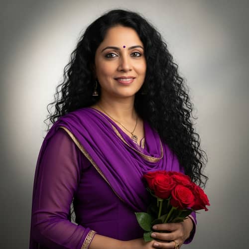 South Asian Woman in Vibrant Purple Salwar Kameez with Red Roses