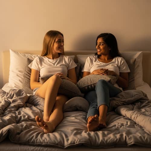 Comfortable Bed Lounging: Two Young Women in Shorts on Relaxing Afternoon