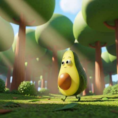 Yellow Avocado Wandering in Forest - Pixar Style