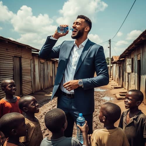 Male Football Player Drinking Water Among African Children