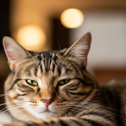 Furry Domestic Cat with Yellow Eyes | Cozy Room Setting