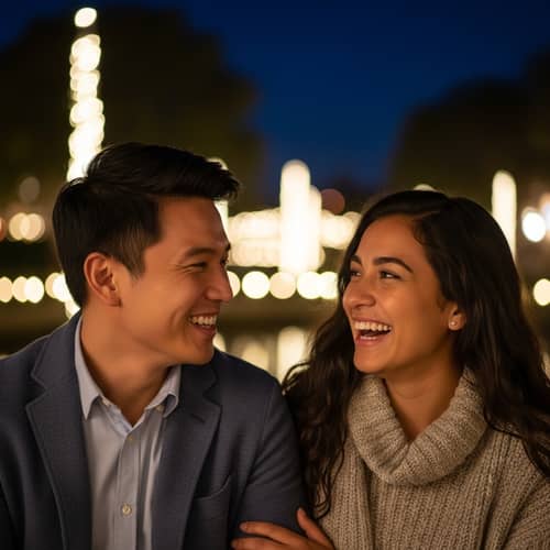 Serene Night Scene with Asian Man and Hispanic Woman Sharing Laughter