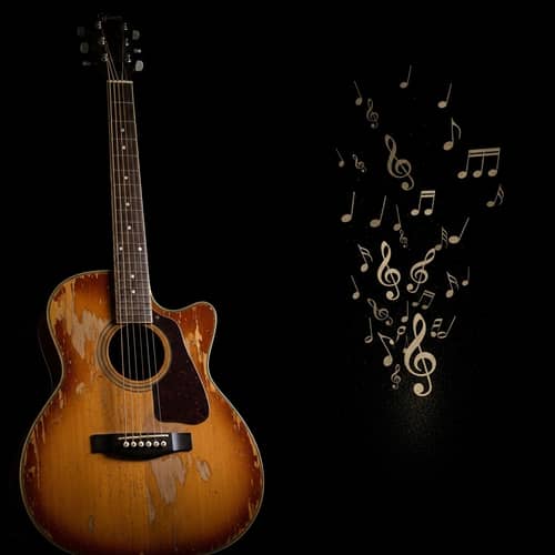 Aged Guitar with Dusty Notes on Black Background