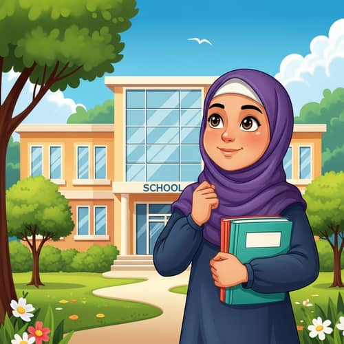 Young Middle Eastern Girl with Colorful Textbooks at Modern School