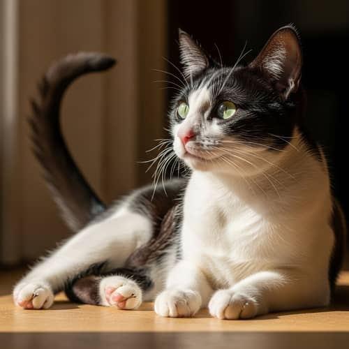 Tranquil Black and White Cat Lounging in Sunlight