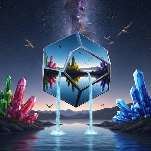 Levitating Metallic Geometric Figure Reflecting Scenic Landscape