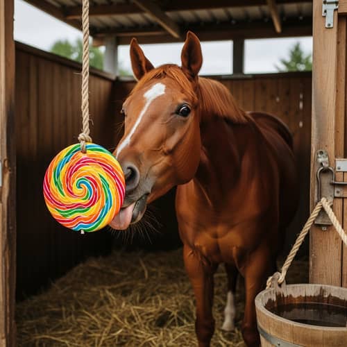 Curious Horse Enjoying Colorful Candy in Wooden Stall