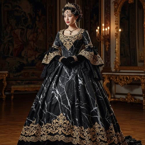 Baroque Style Marble Black Dress with Ornate Adornments