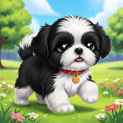 Charming Black and White Shih Tzu Puppy | Playful Animation Style