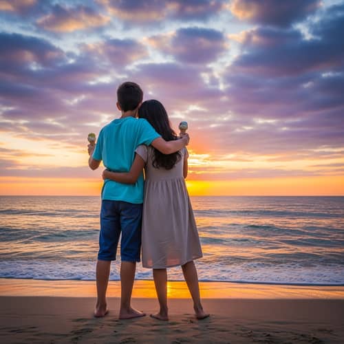 Sunset Beach Love: Kids with Ice Cream Embrace, Ocean Sunset View