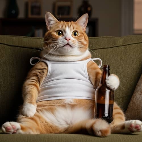 Surprised Chubby Cat Watching TV with Bottle on Couch