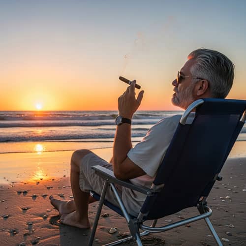 Oldan Lounging at Beach with Cigar and Sunset View
