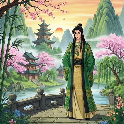 Young Man in Traditional Chinese Attire - Animated Ancient Landscape