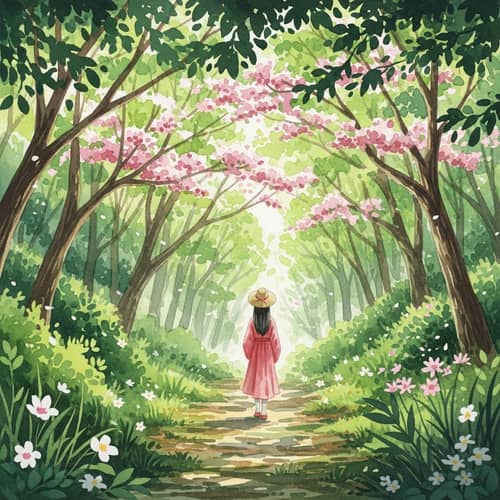 Serene Spring Forest Watercolor Painting with Asian Female Figure
