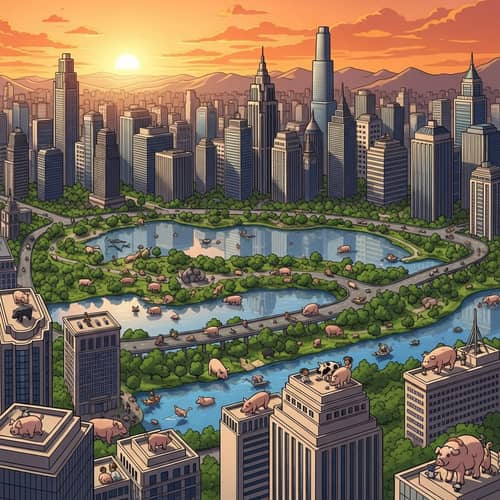 Whimsical Cityscape with Roaming Pigs | Urban Harmony Scene