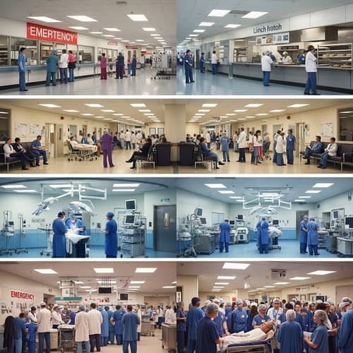 Busy Multi-Floored Hospital - Emergency Room, Operating Room, Hallway, Registration, Cafeteria