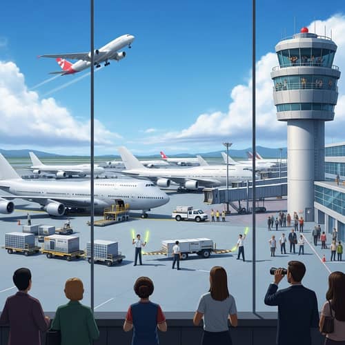 Bustling Airport Scene: Aircraft, Crew, and Passengers