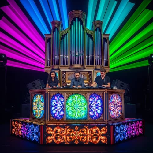 Extravagant Music Organ on DJ Stage with Swirling Colors