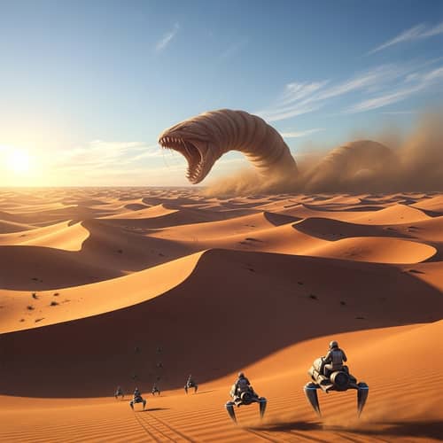 Dystopian Future Sci-Fi Novel Illustration: Desert Sandworm Encounter