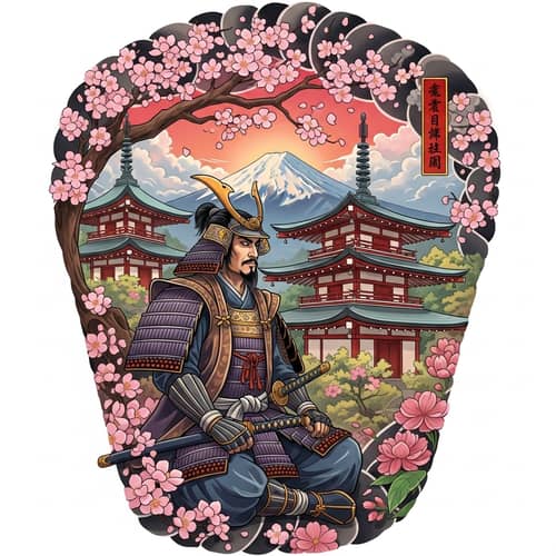 Japanese Samurai Tattoo Design with Cherry Blossom Tree and Mount Fuji