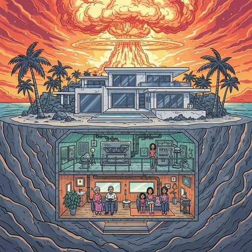 Devastated Grey Island with Intact Villa & Atomic Bomb | Illustrated Scene