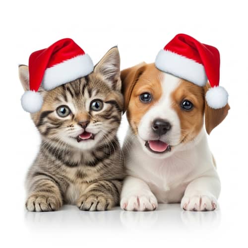 Adorable Kitten and Puppy in Christmas Hats | Heartwarming Image