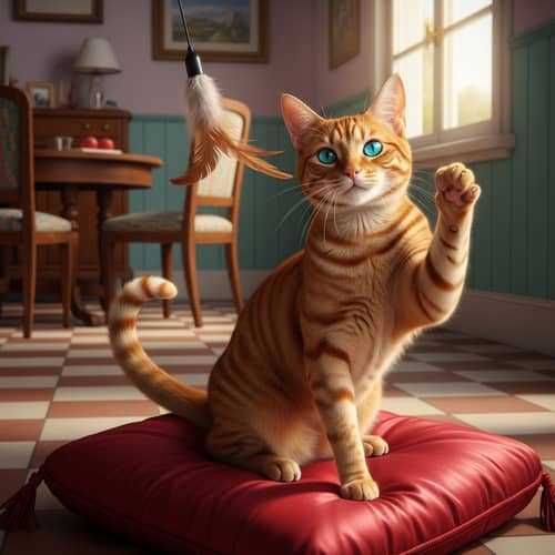 Sleek Orange Cat with Turquoise Eyes on Red Cushion