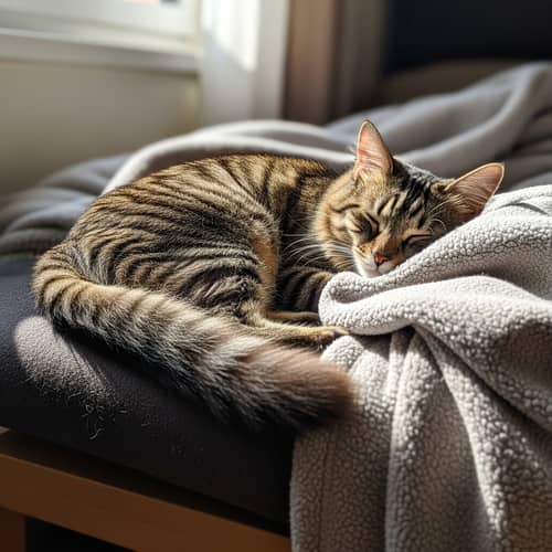 Soothing Image of Tabby Cat Basking in Sunlight