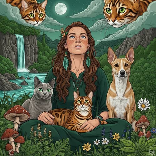 Golden Bengal Cat and Shaman Woman in Green Tones