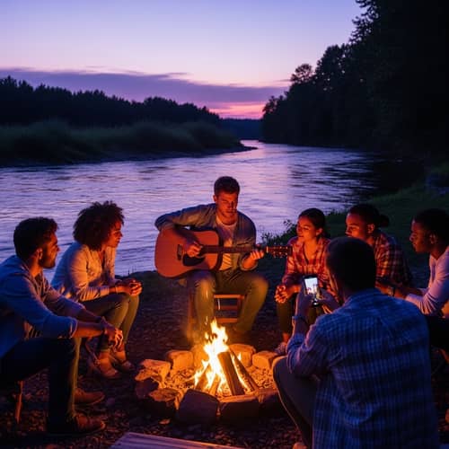 Twilight Summer Scene: River, Campfire, Music & Friends