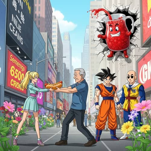 Barbie and Oppenheimer fighting over a hotdog in New York city.  Goku from dragon ball z find one punch and holds hands. 