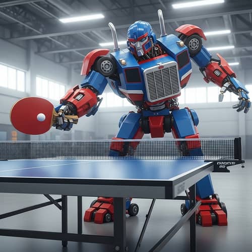 Blue and Red Robot Playing Table Tennis with Truck-Like Features Blue and Red Robot Playing Table Tennis with Truck-Like Features