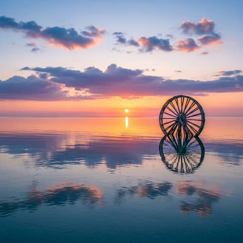 Whimsical Driftwood Wheel Over Calm Sea at Sunset