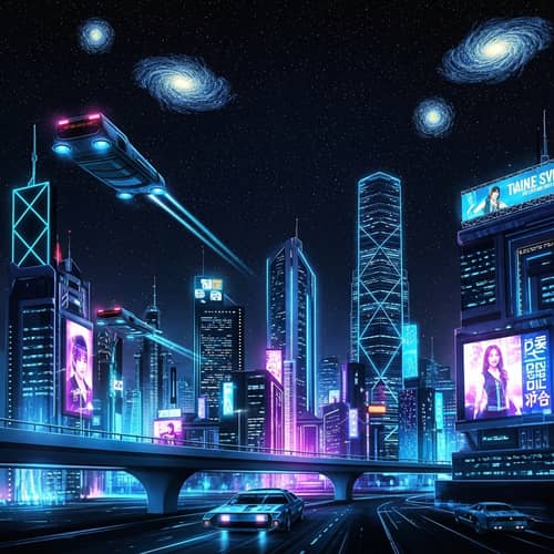 Futuristic Cityscape: Radiant Hues & Starlit Skies