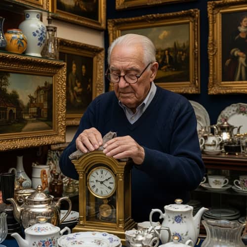 Elderly Hispanic Man in Antique Shop | Vintage Brass Clock