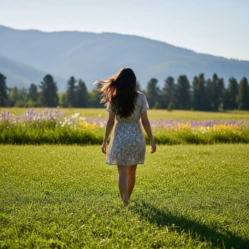 Hispanic Woman Strolling Through Lush Green Field