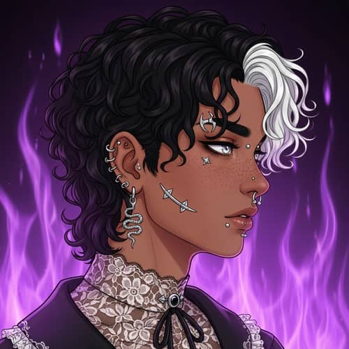 Feminine Gothic Boy with Silver Eyes | Eerie Purple Flames