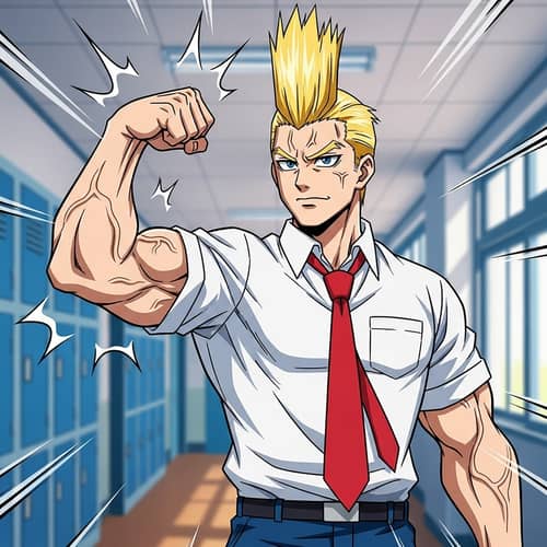 Unique Muscular Character in School Attire with Spiky Hair & Confident Eyes
