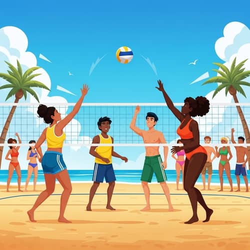 Sunny Beach Volleyball Match with Diverse Players