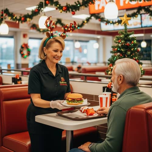 Festive Fast Food Scene with Christmas Decorations | Seasonal Delight